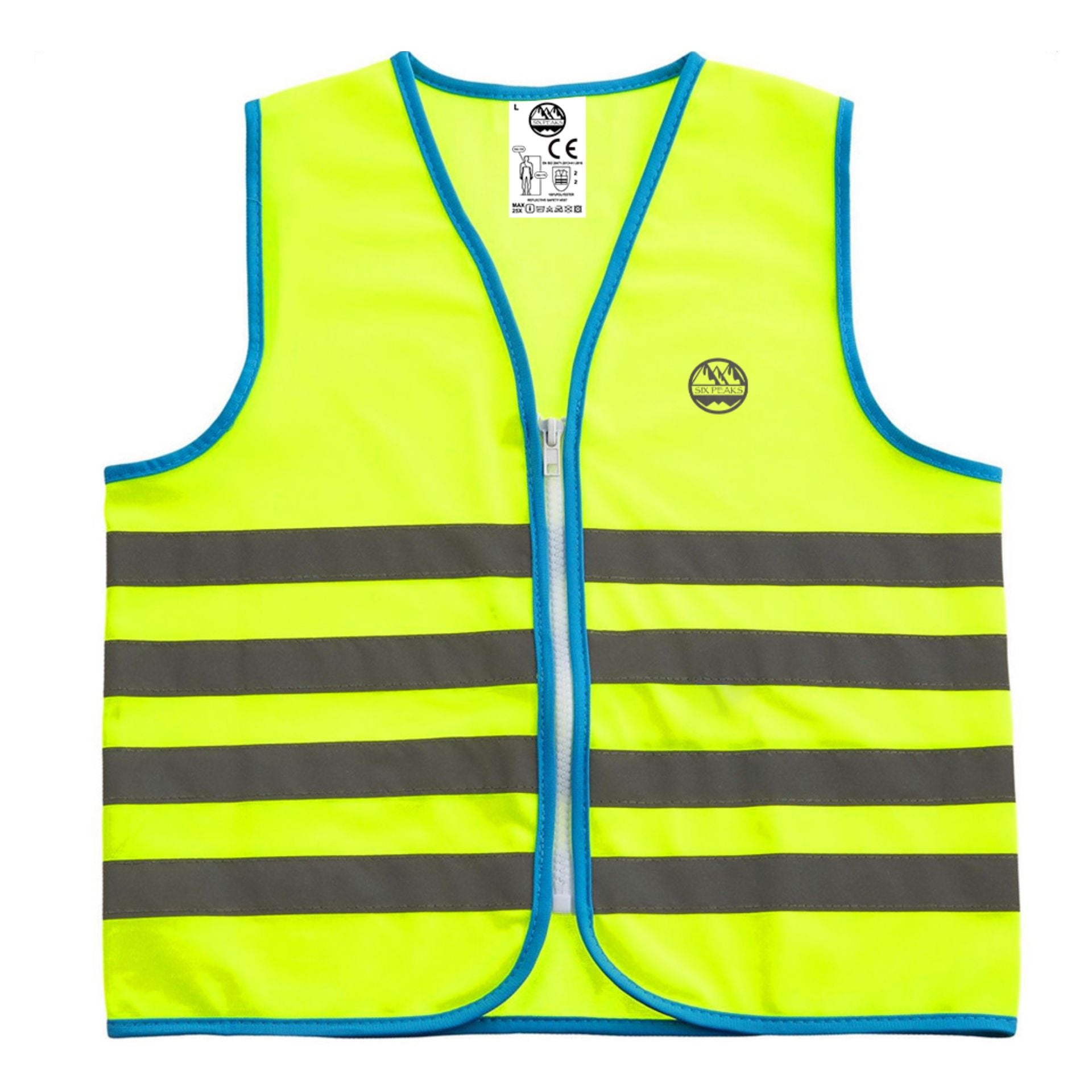 Six Peaks Junior unisex reflective vest with bright safety stripes, ideal for outdoor sports and nighttime visibility.