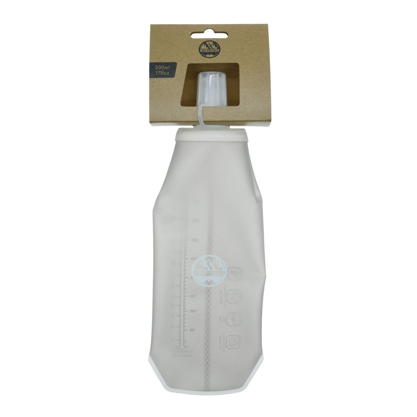 Six Peaks collapsible water bottle for sports, made of durable material, shown extended with a secure cap and flexible design.