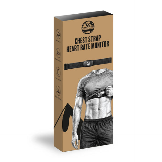 Six Peaks chest strap heart rate monitor for sports and fitness, shown in black with adjustable strap and sensor.
