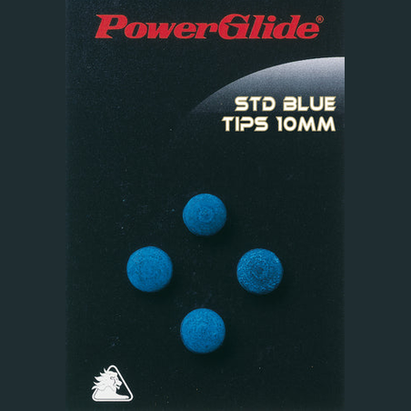PowerGlide Powerglide Standard Blue Leather Cue Tips for billiards and pool, shown on cue stick.