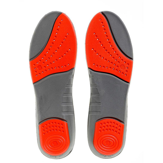 Sorbothane Double Strike insoles for sports shoes, showing cushioned, supportive design in black with branding details visible.