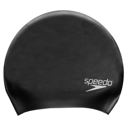 Speedo long hair silicone swim cap for women, designed to keep hair dry and streamline swimming performance.