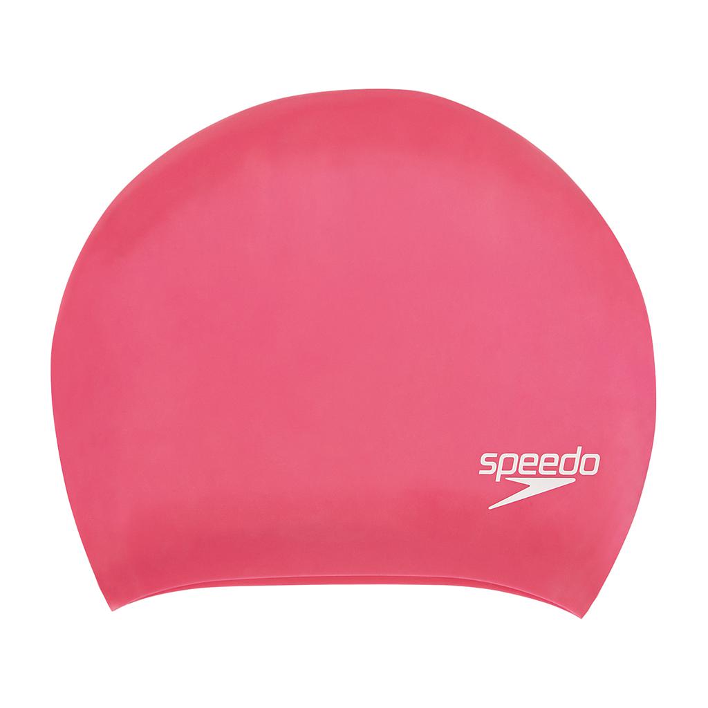 Speedo long hair silicone swim cap for women, designed for comfort and durability during swimming activities.