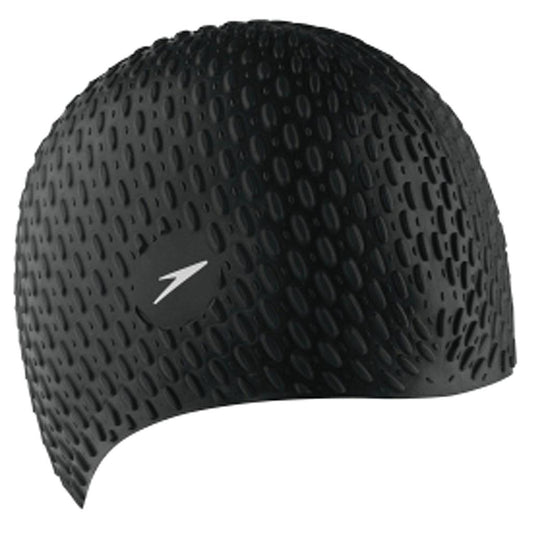 Black Speedo Bubble Cap for swimming, made of durable material, designed to protect hair and reduce water resistance.