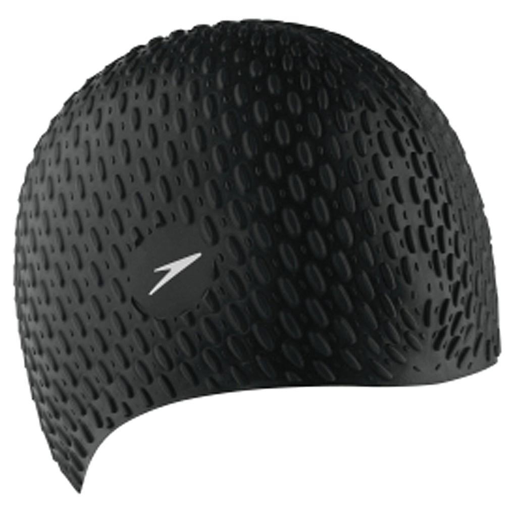 Black Speedo Bubble Cap for swimming, made of lightweight, durable material, designed to fit snugly and reduce water resistance.