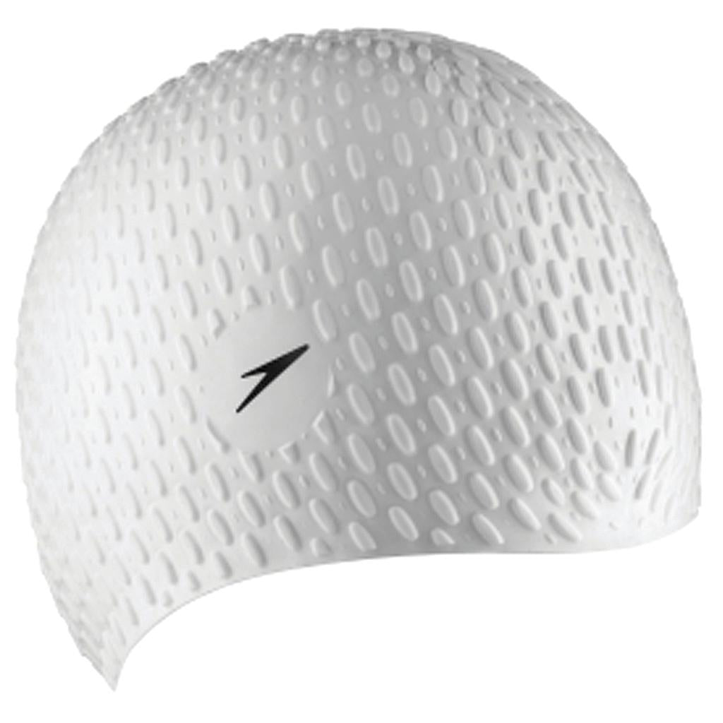 White Speedo Bubble Cap for swimming, made of lightweight, durable material, designed to fit comfortably and reduce water resistance.