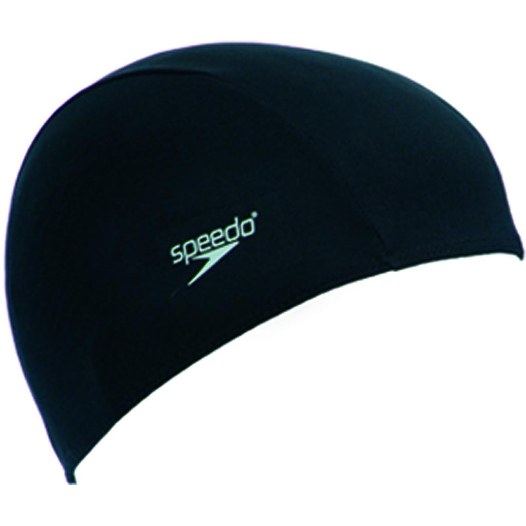Speedo polyester swim cap for sports, snug fit, bright blue color, made for comfortable swimming sessions.