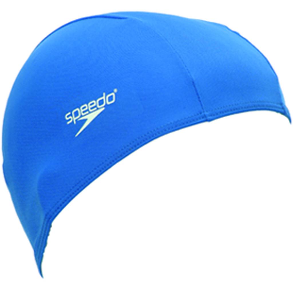 Speedo polyester swimming cap for sports, shown in blue with sleek design and snug fit, ideal for competitive swimming.