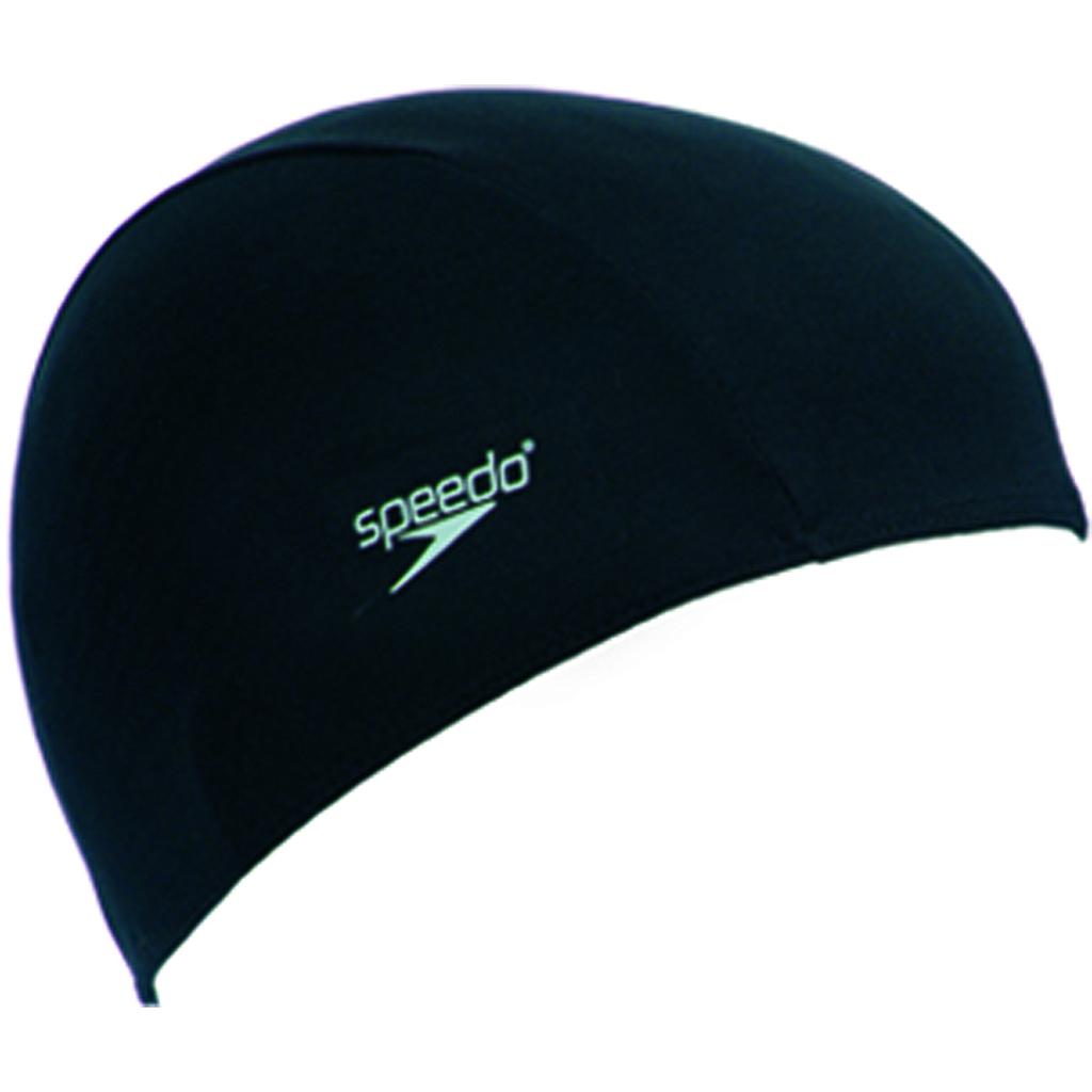 Speedo polyester swimming cap with smooth fabric and snug fit, ideal for competitive and recreational swimming.