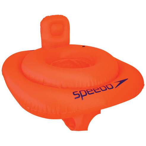 Speedo baby swim seat float for 0-12 months, orange and blue inflatable pool float with safety straps for infants.