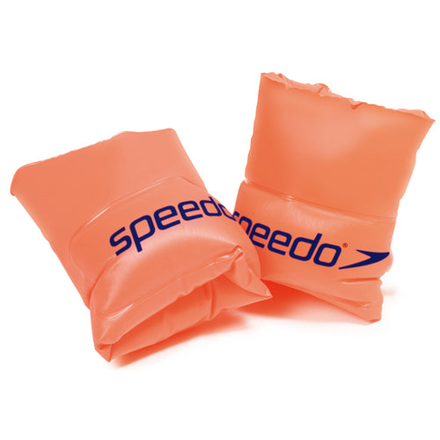 Speedo Rollup Junior Armbands in bright orange for swimming safety, made for young swimmers to stay buoyant in the water.