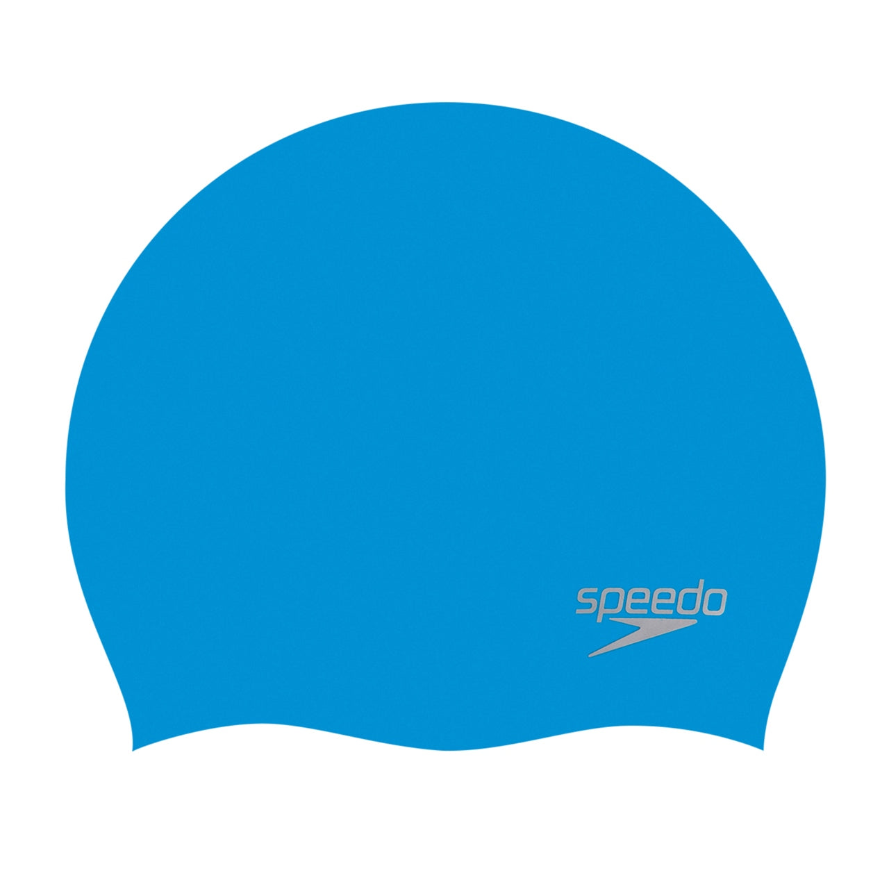 Speedo senior silicone swimming cap, snug fit, bright blue color, designed for comfortable aquatic activity.