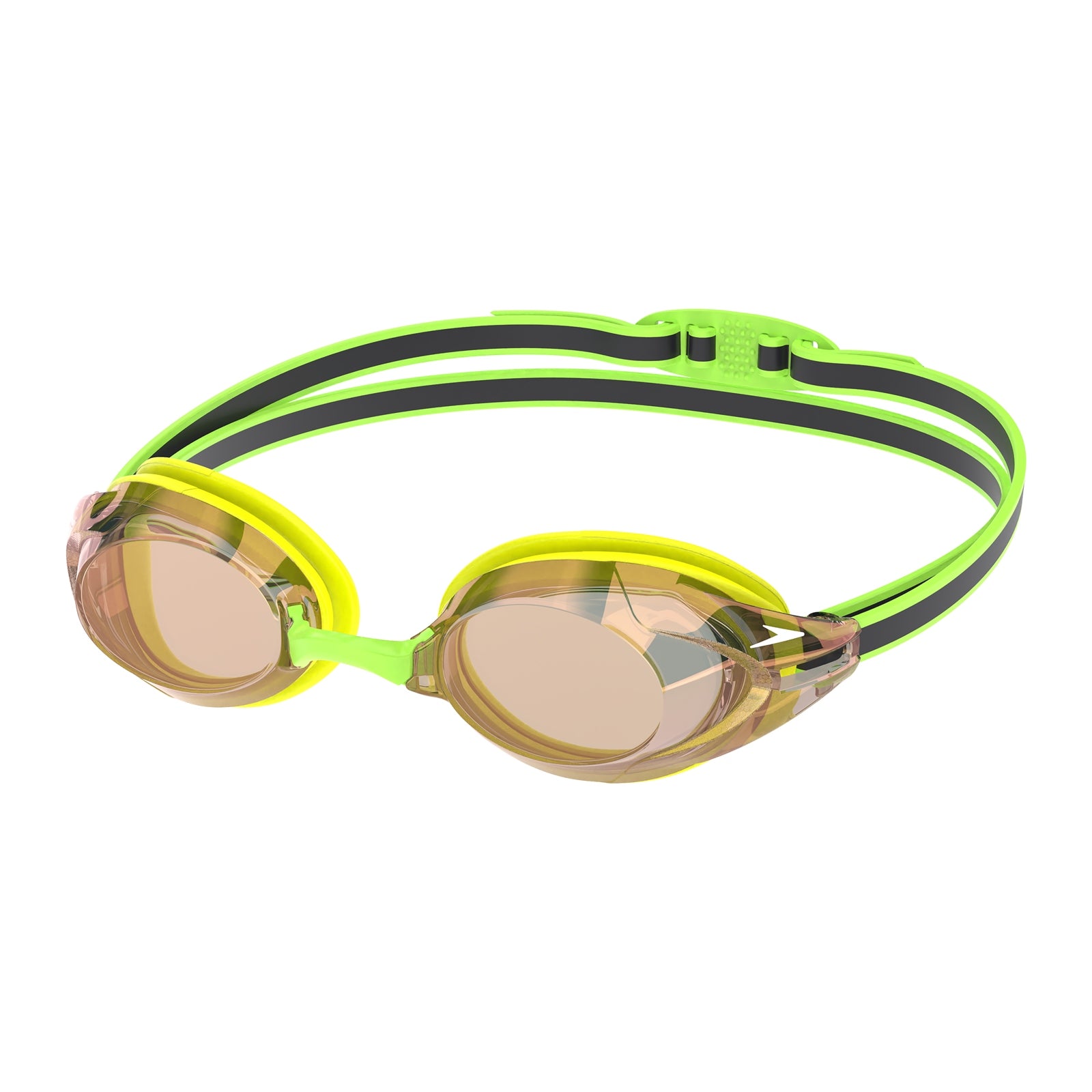Speedo Vanquisher 3.0 mirrored swimming goggles with reflective lenses and adjustable strap for a secure fit.