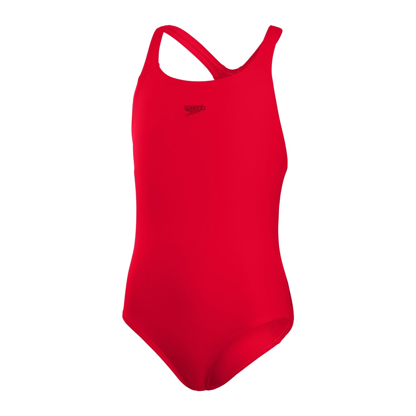 Speedo Girls Endurance+ Medalist swimming costume showing a bright blue and pink one-piece swimsuit with racing stripes.