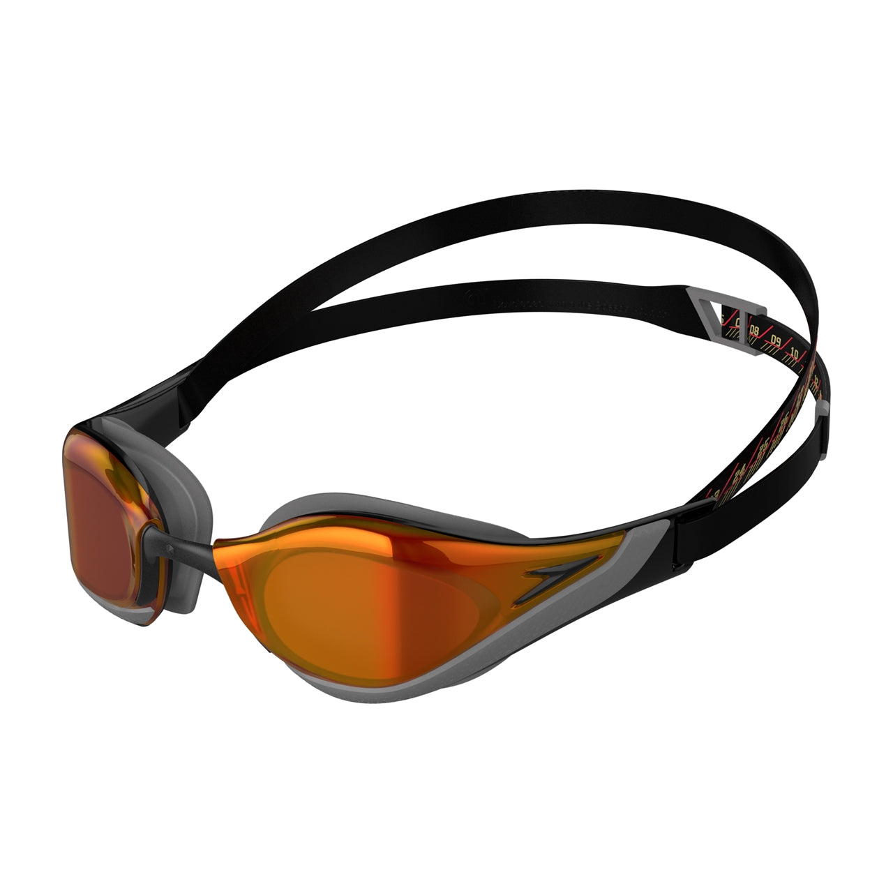 Speedo Fastskin adult mirror goggles with sleek design, clear lenses, and adjustable strap for competitive swimming.