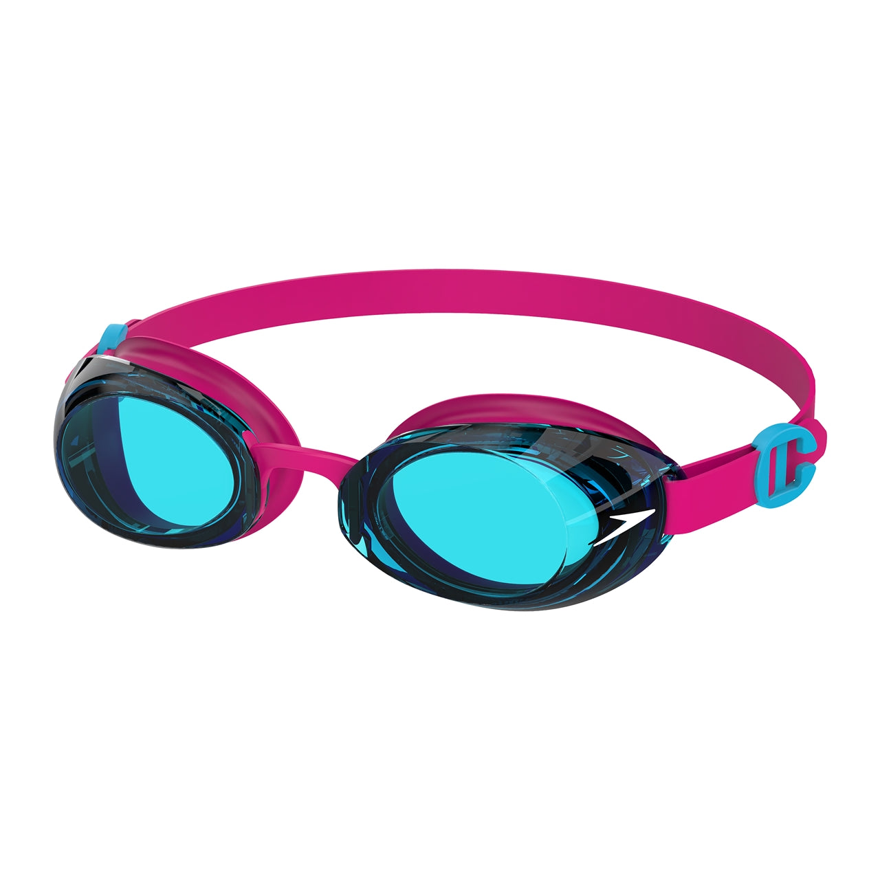 Speedo Jet Junior 2.0 swimming goggles in blue and orange with adjustable straps, designed for kids' swimming.