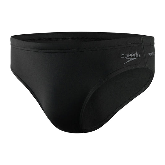 Speedo men's Endurance+ 7cm swimming briefs in navy, featuring a snug fit and quick-drying fabric for competitive swimming.