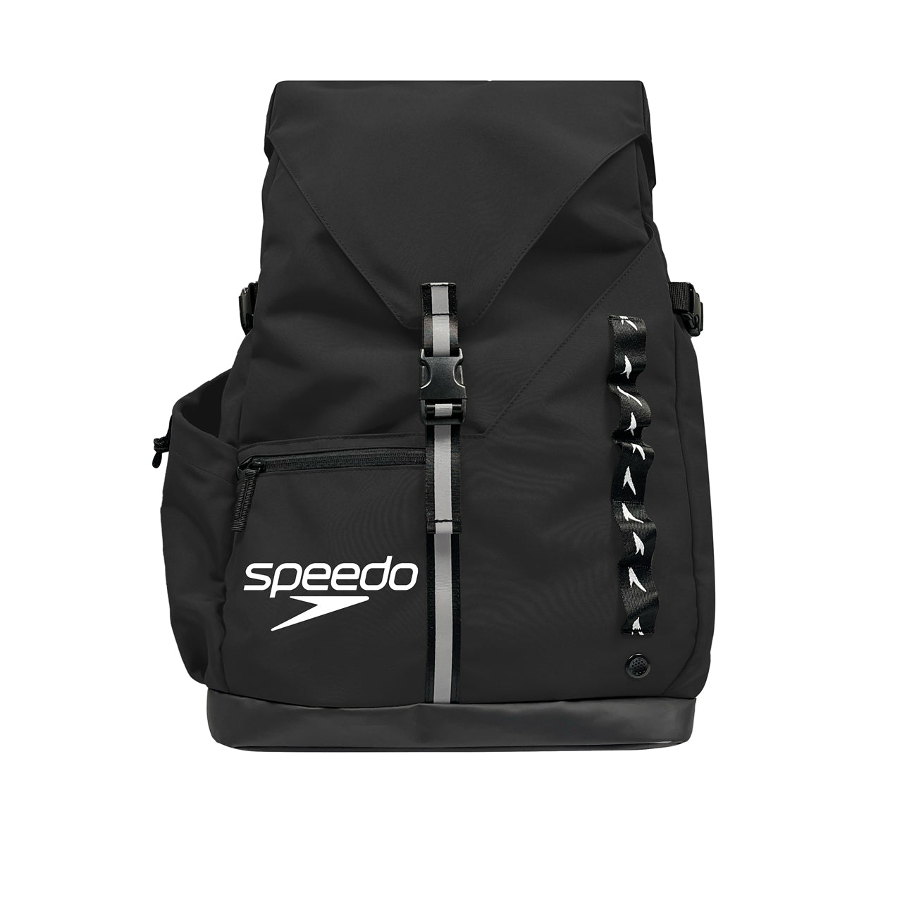 Black Speedo 45L Pro Swimming Bag with multiple compartments and sturdy handles, designed for swimmers' gear storage.