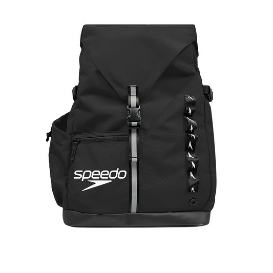 Black Speedo 45L Pro Swimming Bag with multiple compartments and sturdy handles, designed for swimmers' gear storage.