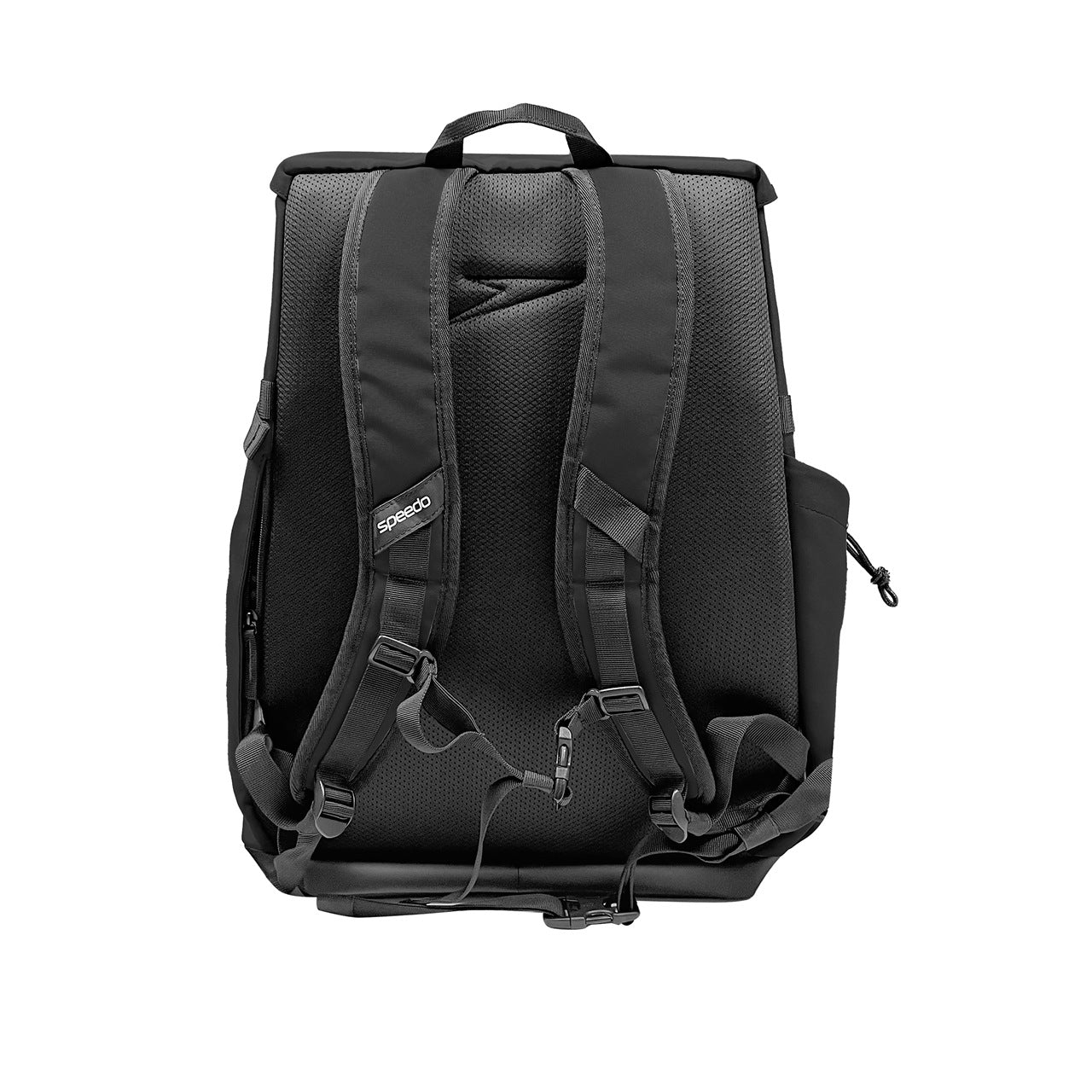 Black Speedo 45L Pro Swimming Bag with sturdy straps and spacious main compartment for swim gear storage.