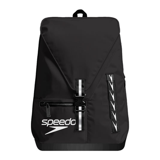 Black Speedo 35L swimming team bag with multiple compartments and sturdy handles for easy carrying.