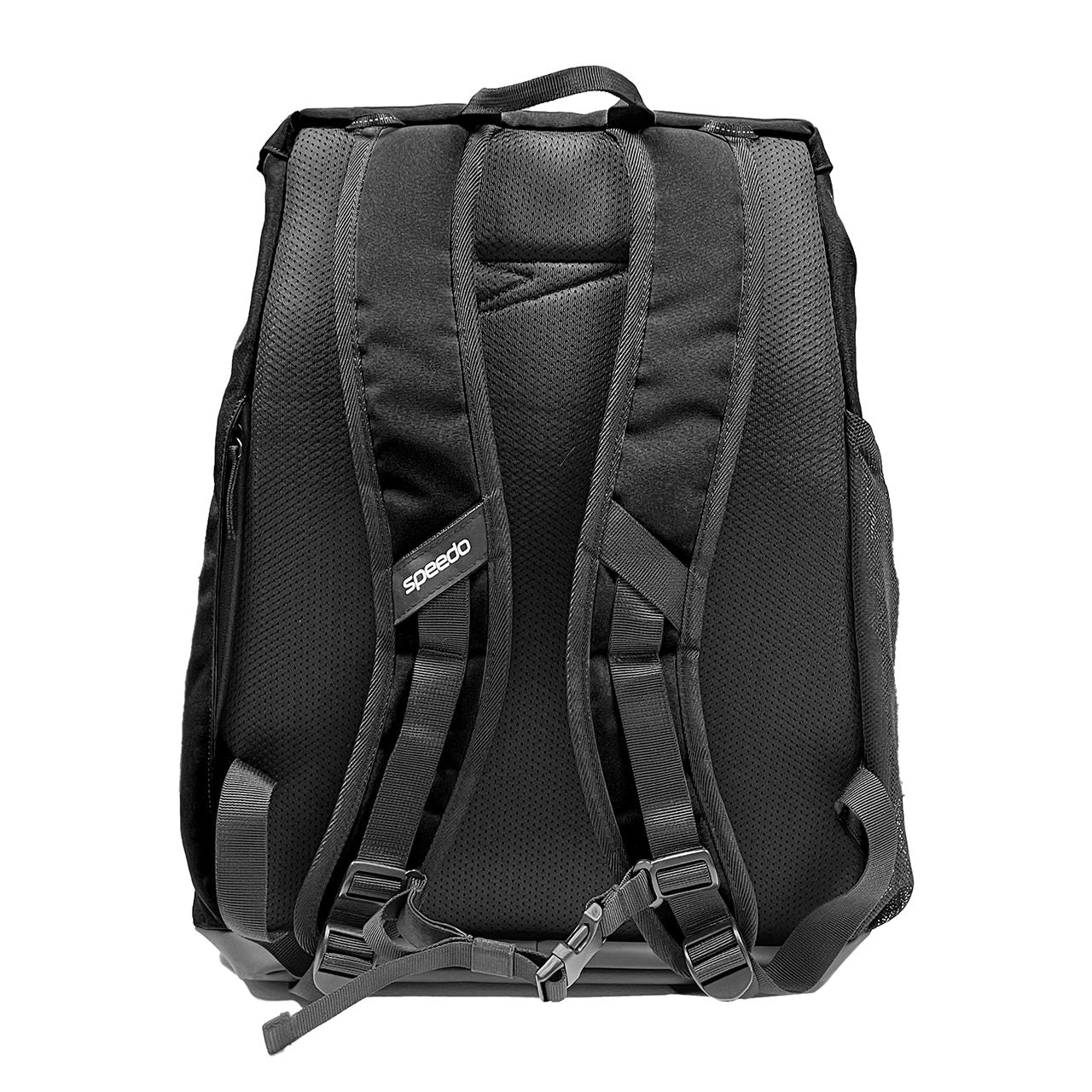 Speedo 35L black swimming team bag with multiple compartments and durable straps for sports and training.