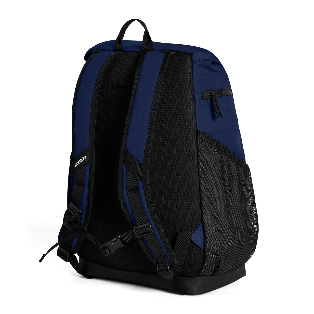 Black Speedo 35L swimming team bag with multiple compartments and adjustable straps for easy carrying and organization.
