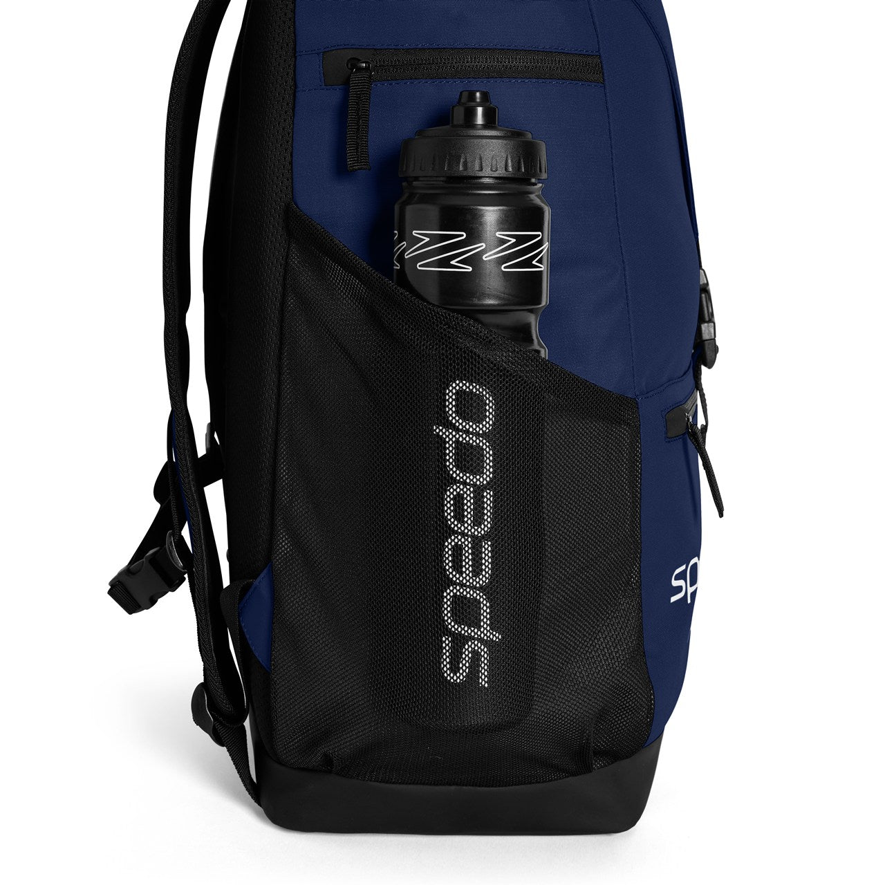 Black Speedo 35L swimming team bag with sturdy handles and zip closure, designed for athletes to carry swim gear.