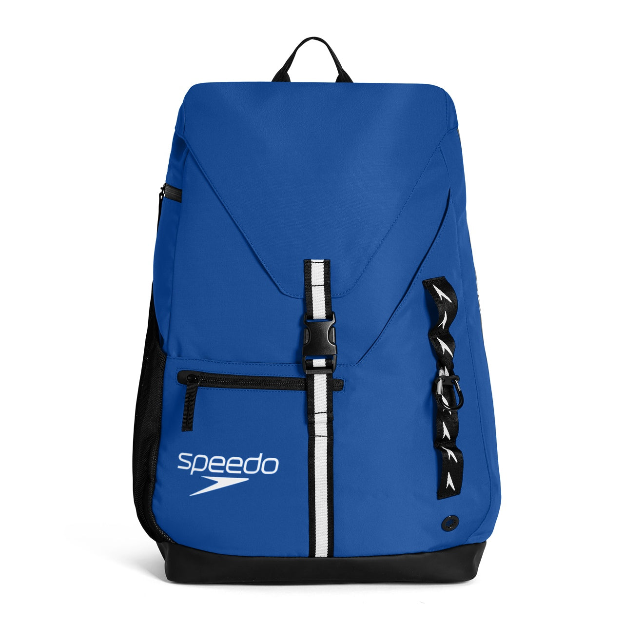 Black Speedo 35L swimming team bag with multiple compartments and shoulder straps, designed for athletes and swimmers.