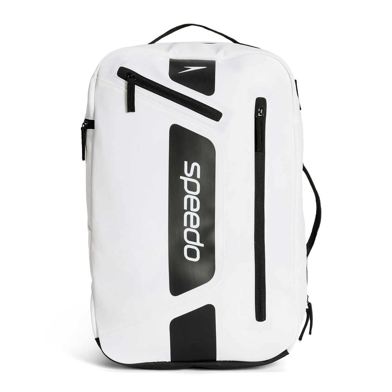Speedo 25L Flex Bag in white and black, a compact swimming gear bag with adjustable straps and multiple compartments.