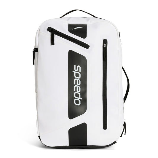 Speedo 25L Flex Bag in white and black, a compact swimming gear bag with adjustable straps and multiple compartments.