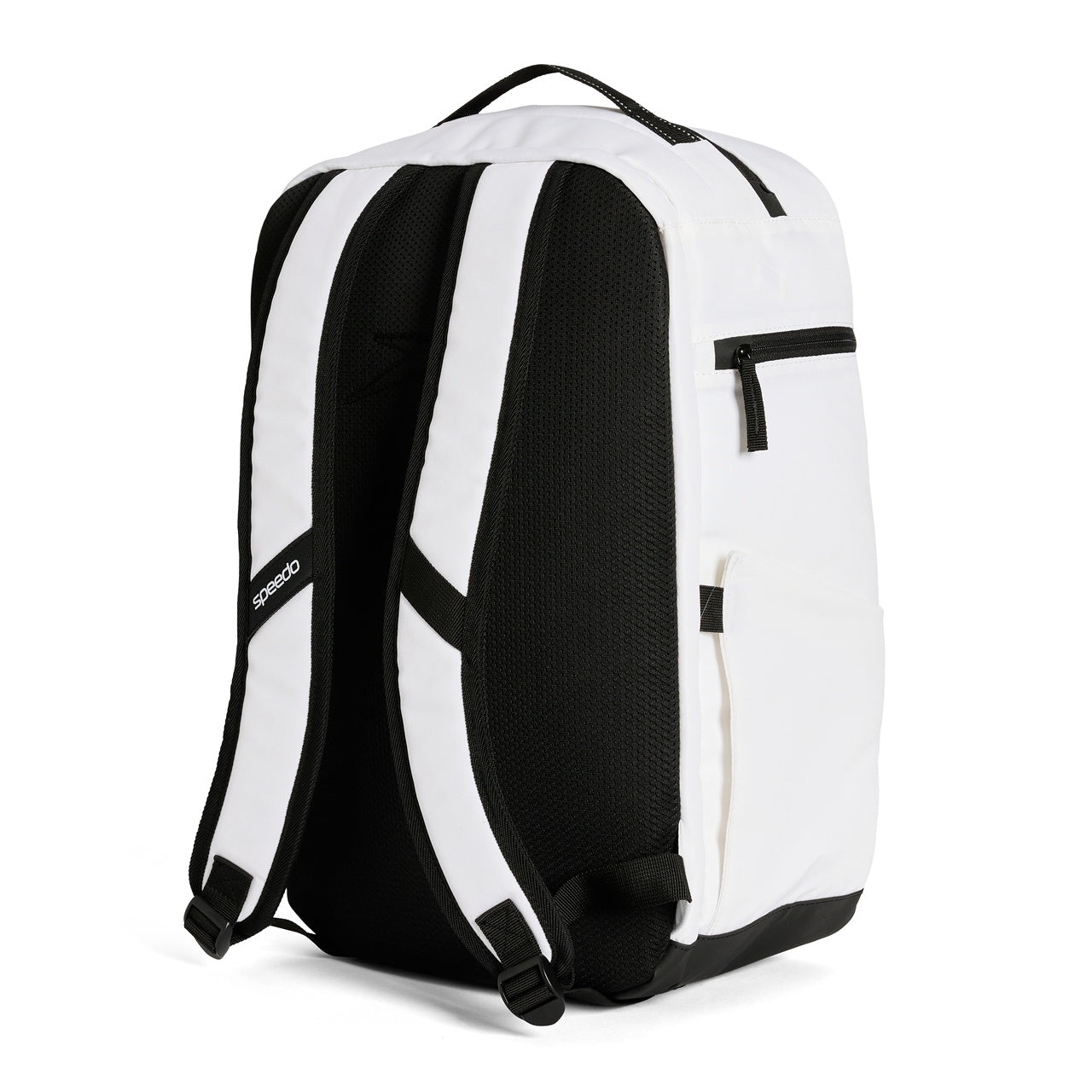 Speedo 25L Flex Bag swimming backpack in white and black with adjustable straps and multiple compartments for swimming gear.