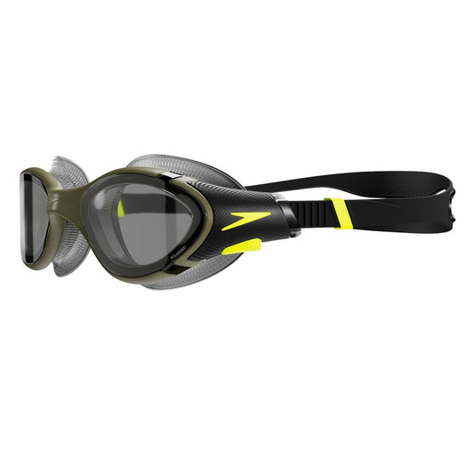 Speedo Biofuse 2.0 Polarised swimming goggles with black and green straps, featuring clear lenses and adjustable fit.