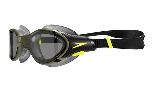 Speedo Biofuse 2.0 polarized swimming goggles in black and green with adjustable straps and tinted lenses for enhanced underwater visibility.