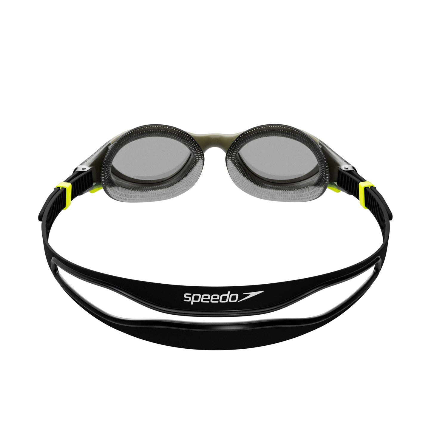 Speedo Biofuse 2.0 polarized swimming goggles in black and green with adjustable straps and clear lenses for enhanced visibility.