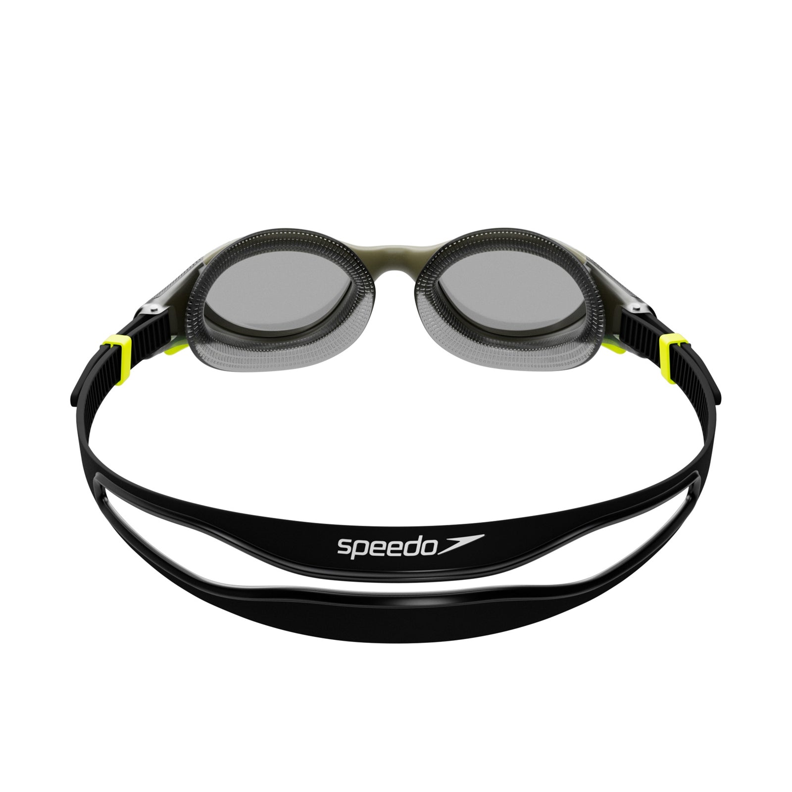 Speedo Biofuse 2.0 polarized swimming goggles in black and green with adjustable straps and clear lenses for enhanced visibility.