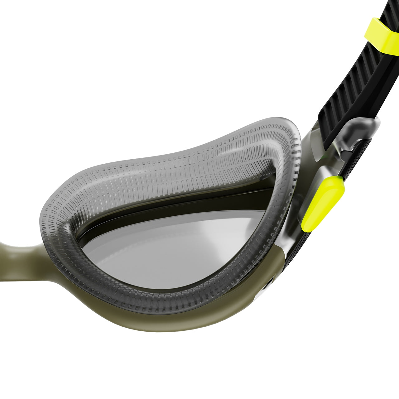 Speedo Biofuse 2.0 polarized swimming goggles in black and green, featuring a sleek design and adjustable straps.