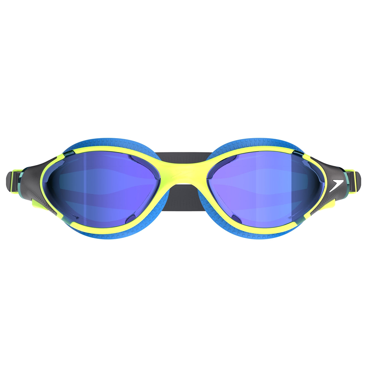 Speedo Biofuse 2.0 mirrored swimming goggles with lime-colored lenses and black adjustable straps, designed for comfortable swimming.