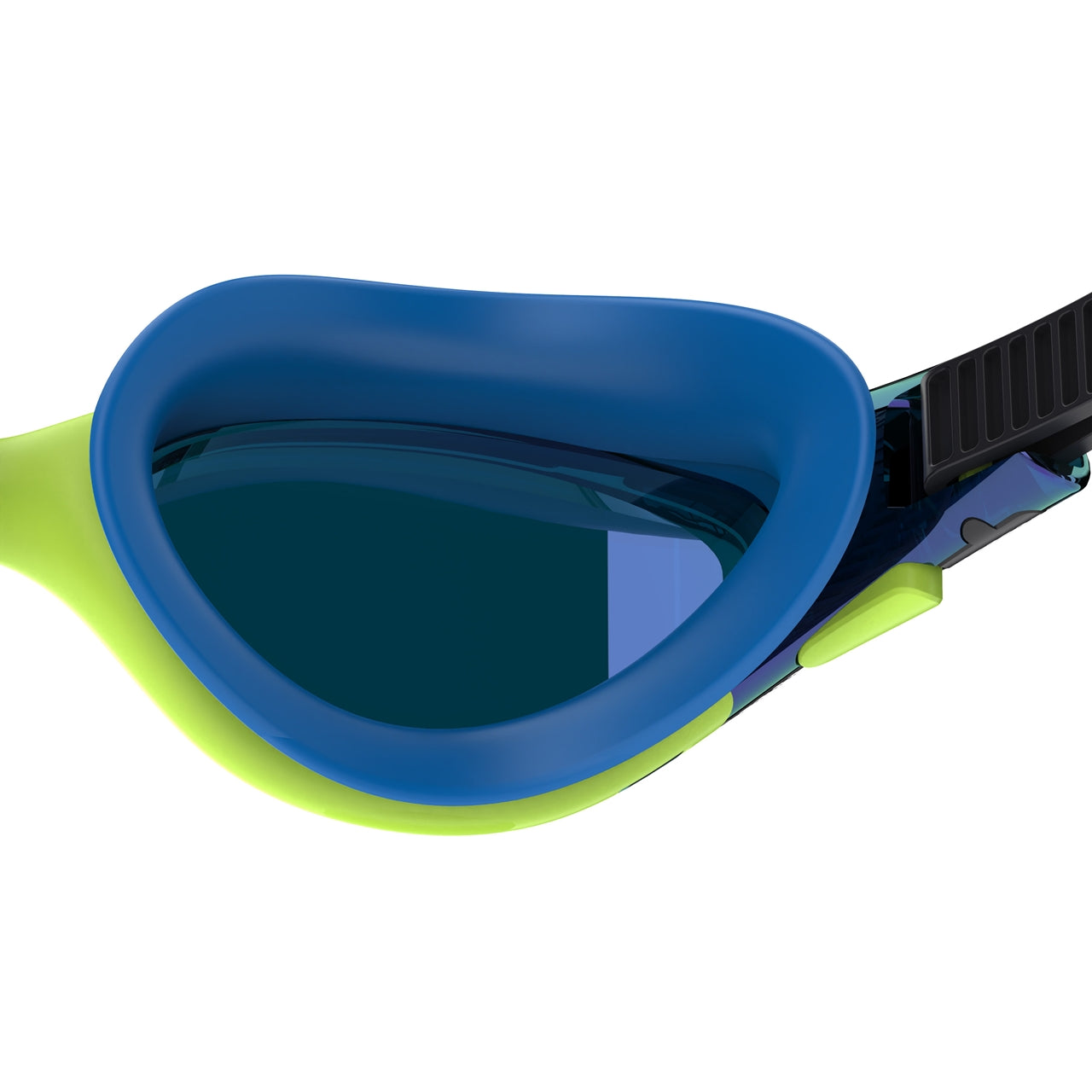 Speedo Biofuse 2.0 mirrored swimming goggles with lime tinted lenses, designed for comfort and clear vision during swimming.