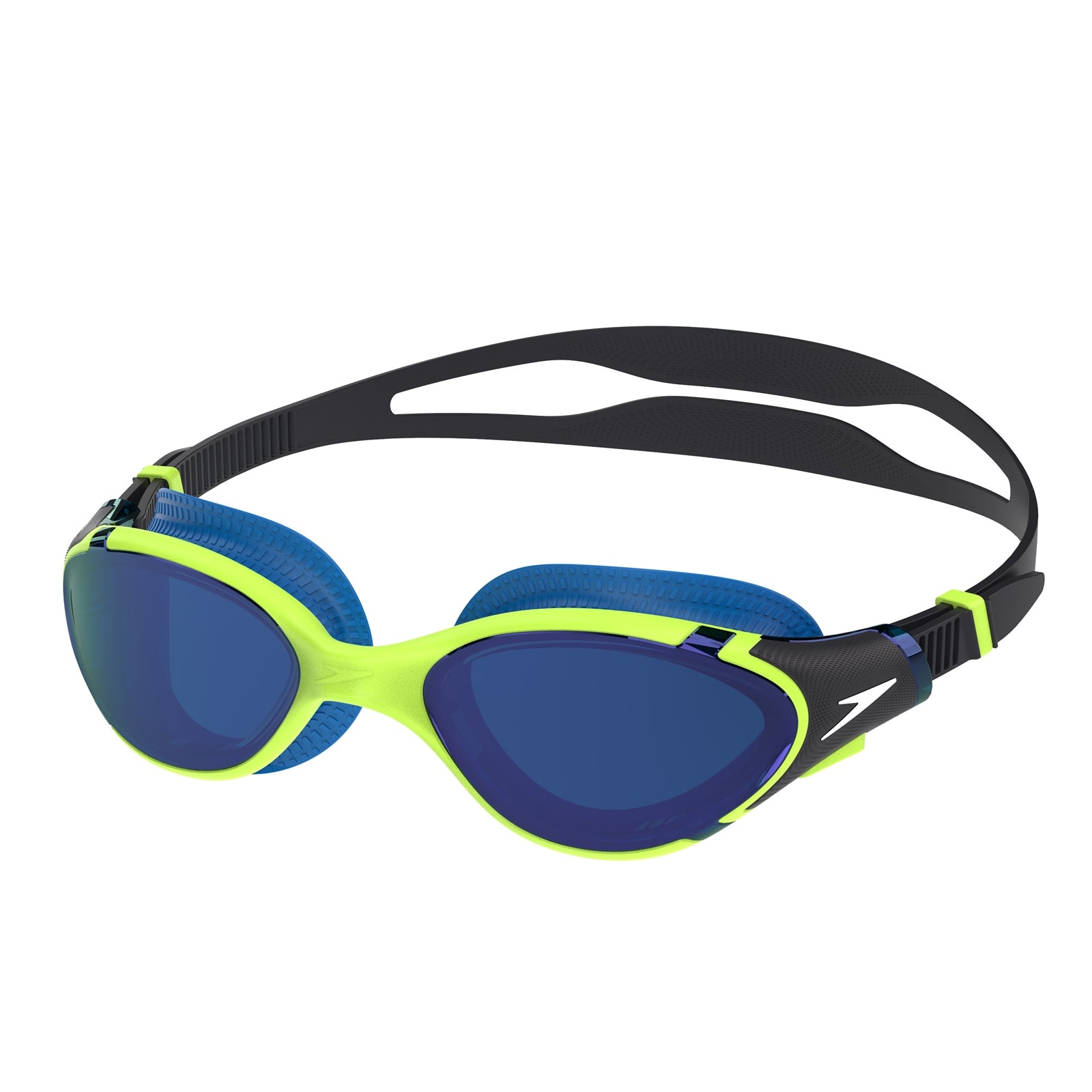 Speedo Biofuse 2.0 mirrored swimming goggles with lime accents, featuring adjustable straps and clear lenses for comfortable swimming.