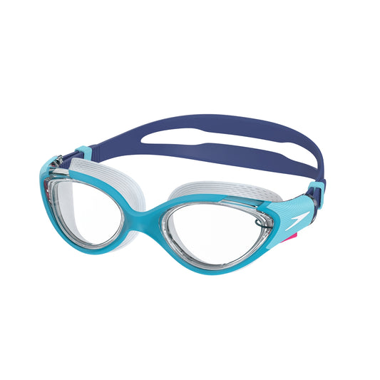 Women's Speedo Biofuse 2.0 swimming goggles in blue, featuring a sleek design and adjustable straps for comfortable swimming.