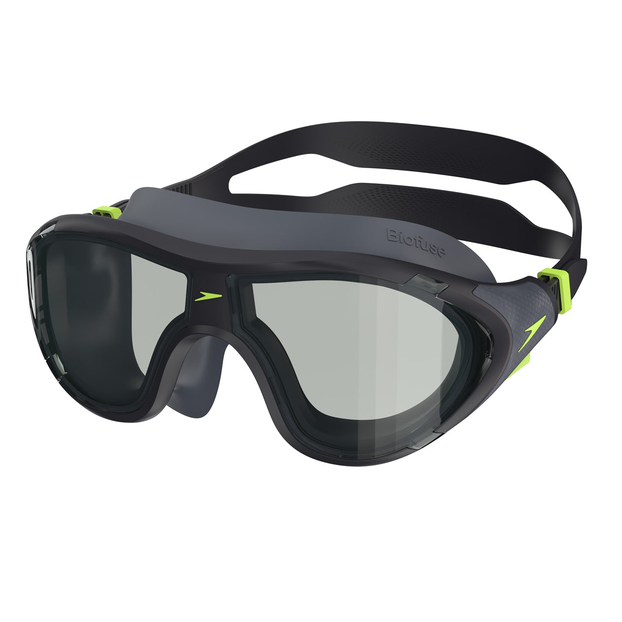 Black Speedo Biofuse 2.0 swimming mask with a sleek design and adjustable straps, ideal for comfortable underwater swimming.