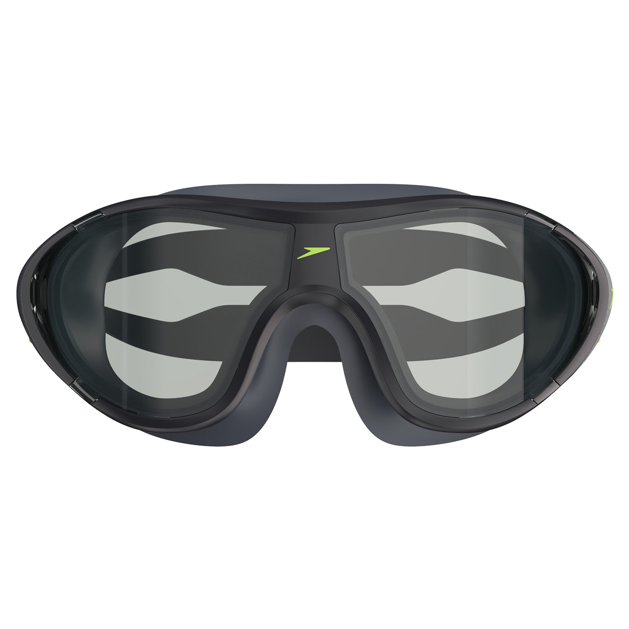 Speedo Biofuse 2.0 swimming mask in black with a sleek silicone strap and clear lens, designed for comfortable water fit.