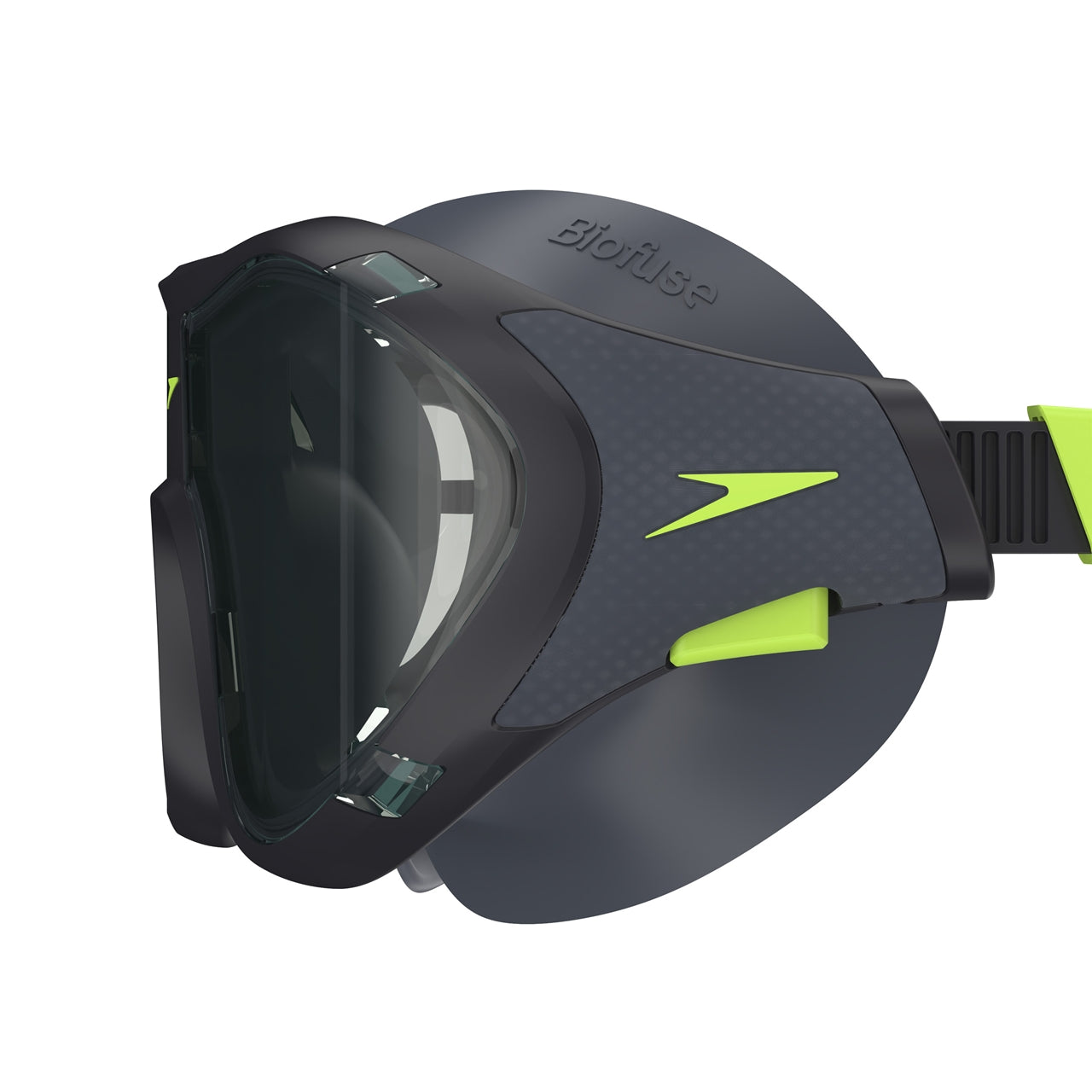 Black Speedo Biofuse 2.0 swimming mask with clear eye lenses and adjustable strap for comfortable fit during water activities.