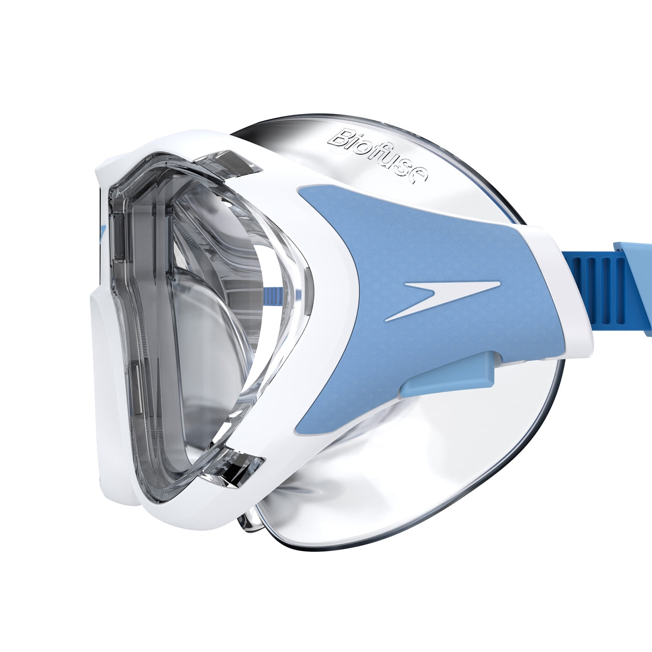 Black Speedo Biofuse 2.0 swimming mask with adjustable straps and clear lens for comfortable water snorkeling or swimming.