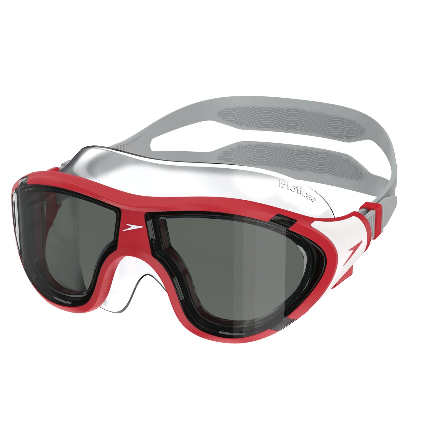 Speedo Junior Biofuse 2.0 swimming mask in vibrant red, featuring a comfortable fit and clear lens for young swimmers.