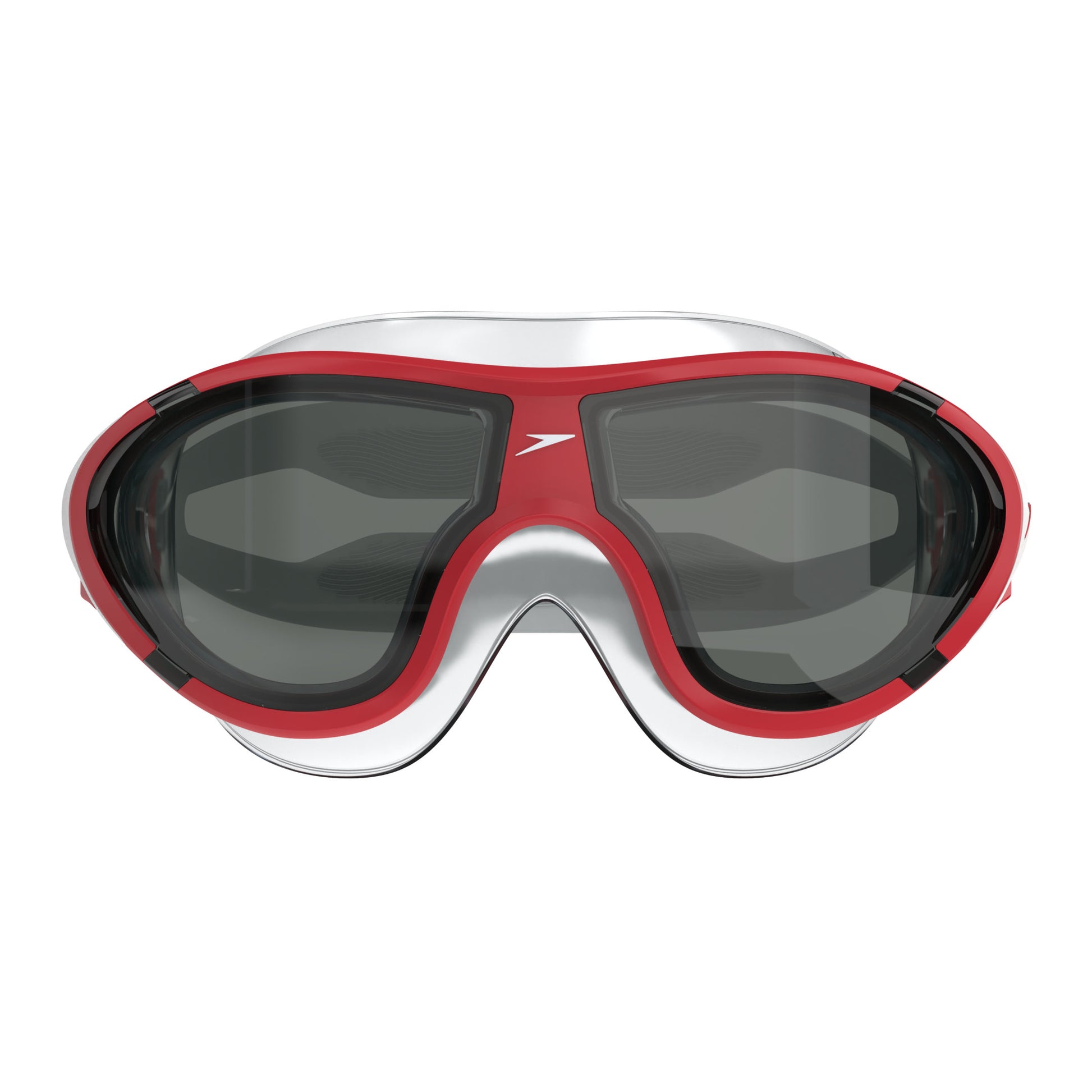 Speedo Junior Biofuse 2.0 swimming mask in red with adjustable straps and clear lens for comfortable underwater swimming.