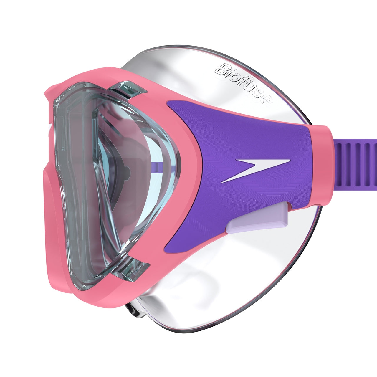 Speedo Junior Biofuse 2.0 swimming mask in red, featuring a clear lens and adjustable strap for comfortable fit.