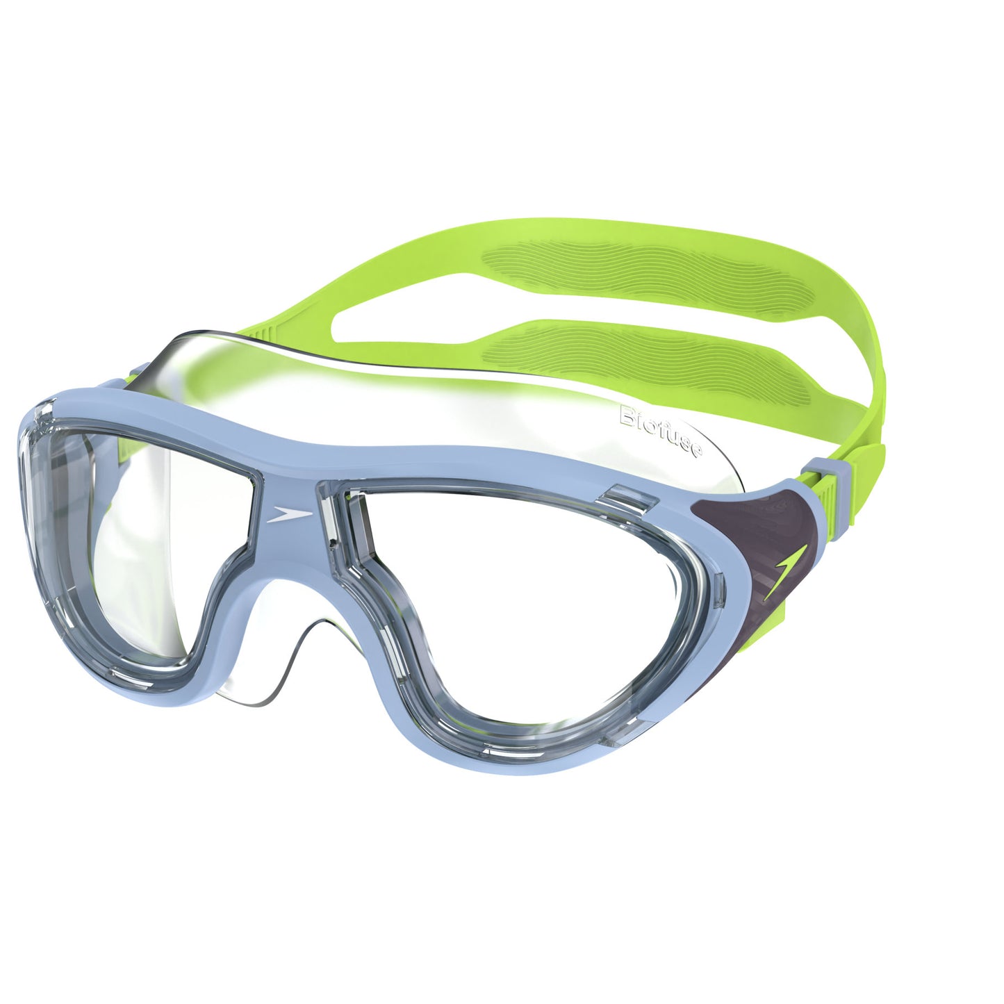 Speedo Junior Biofuse 2.0 swimming mask in red with clear silicone straps and lens for comfortable fit and visibility.