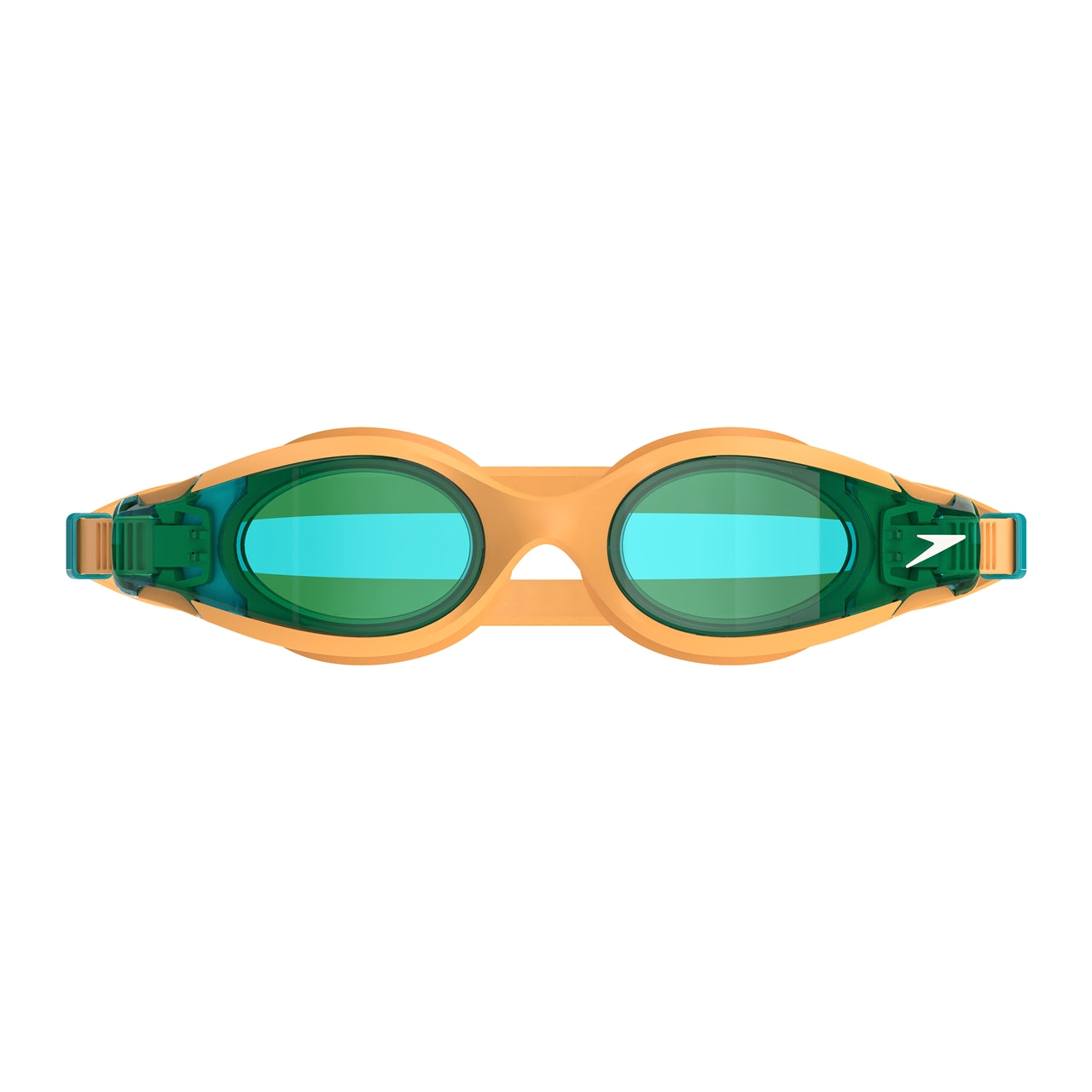 Junior Speedo Hydrosity 2.0 swimming goggles in vibrant orange with adjustable straps and clear lenses for kids' swimming.